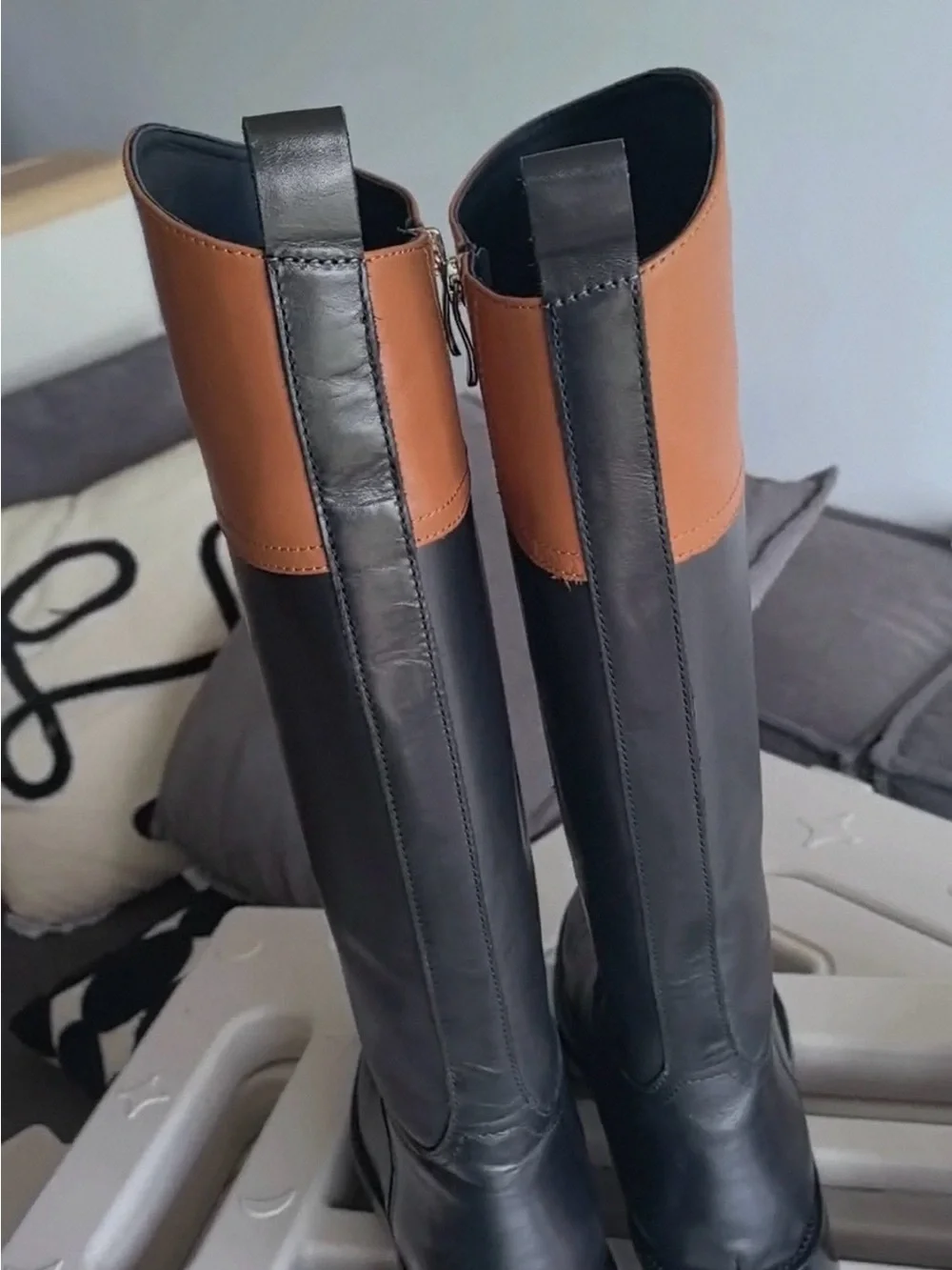 Two-Tone Over-the-Knee Riding Boots in Black and Tan